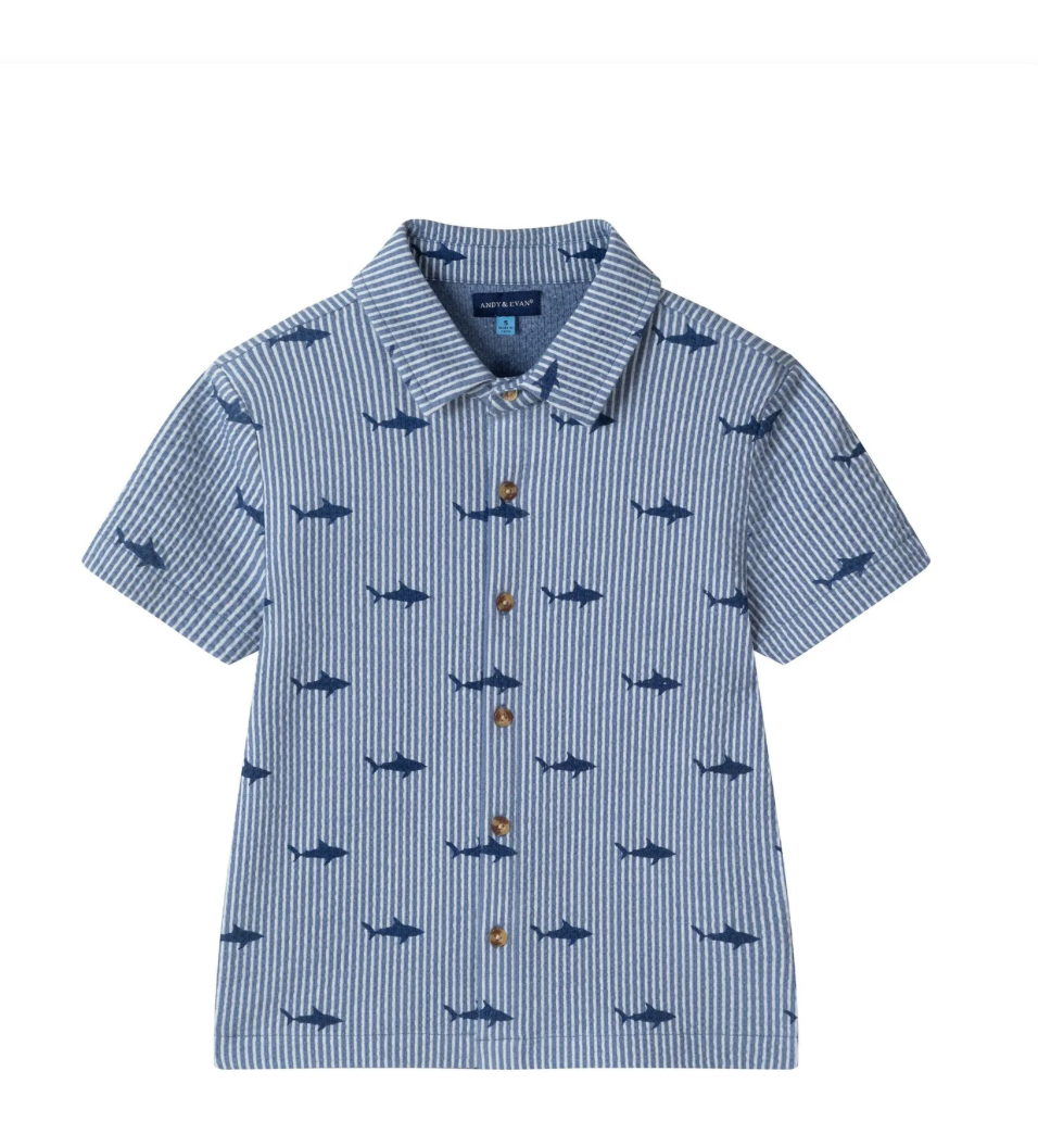 Boys Short Sleeve Cabana Set | Navy Stripe Shark