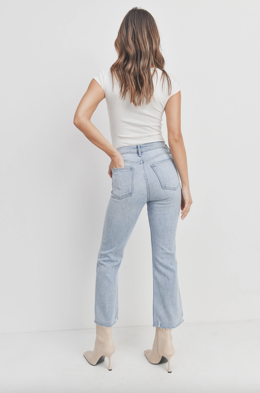 Just Black Denim High Rise Crop Flare w/ Distressed Hem Jean