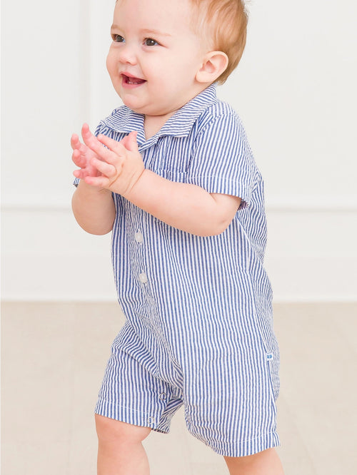 Baby Boys Classic Blue Seersucker Button-Up Romper
