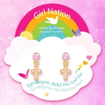 Little Luxe Drop Earrings | Cross with Pink Cubic Zirconia