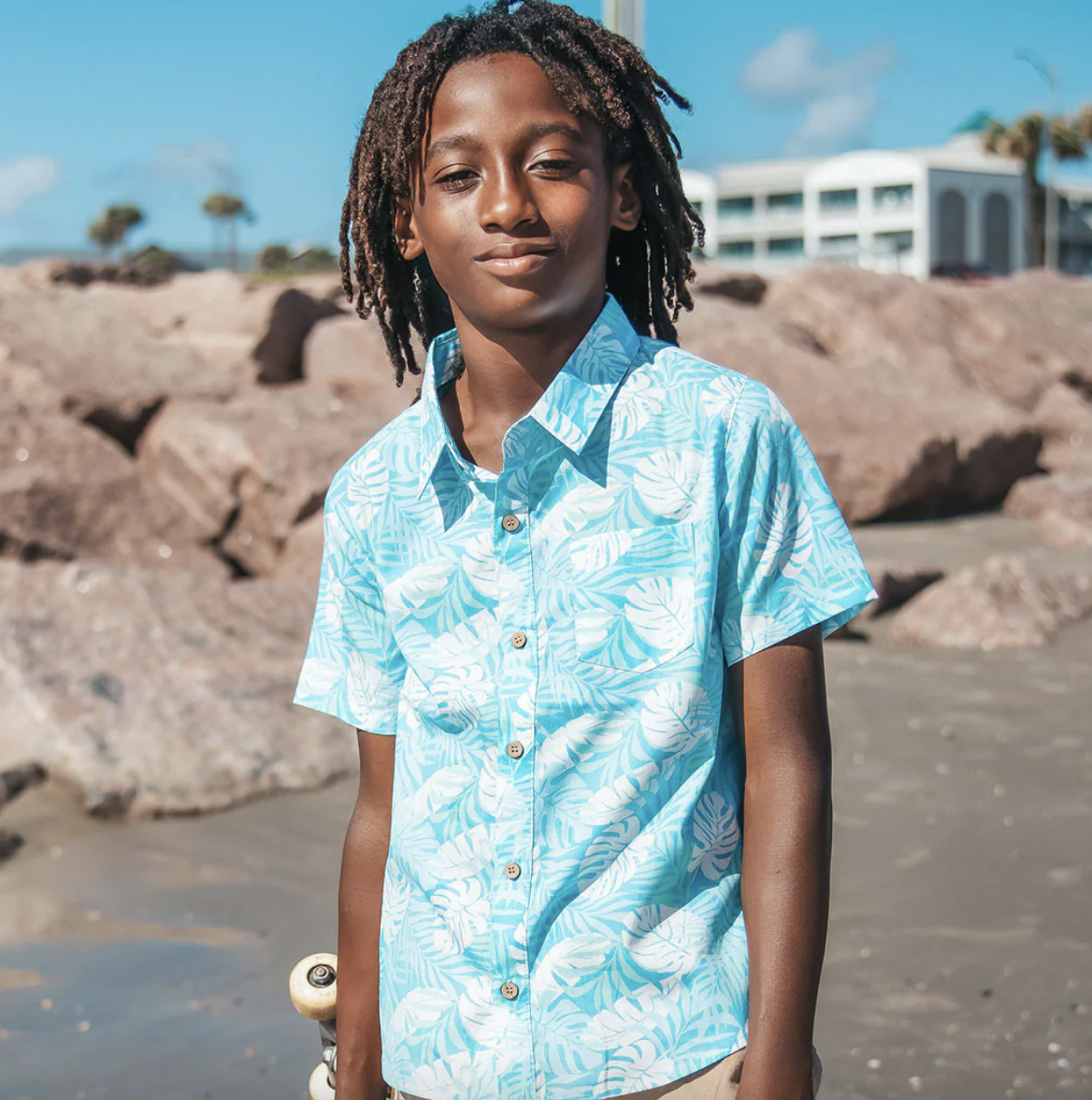 Feather 4 Arrow Paradise Palm Button Down in Blue Grotto