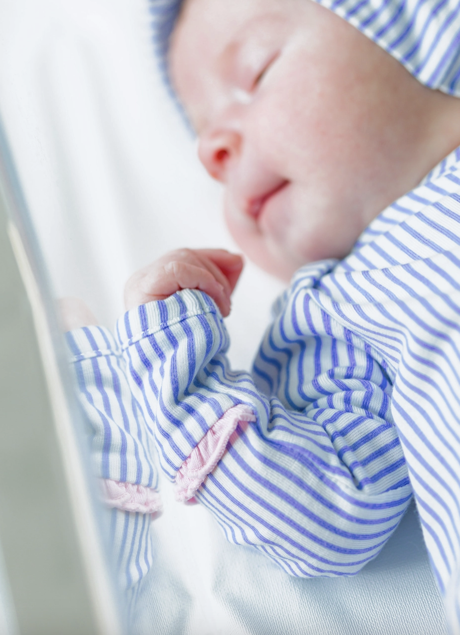 Rufflebutts Girls Periwinkle Blue Stripe Knotted Ruffle Gown & Hat Set