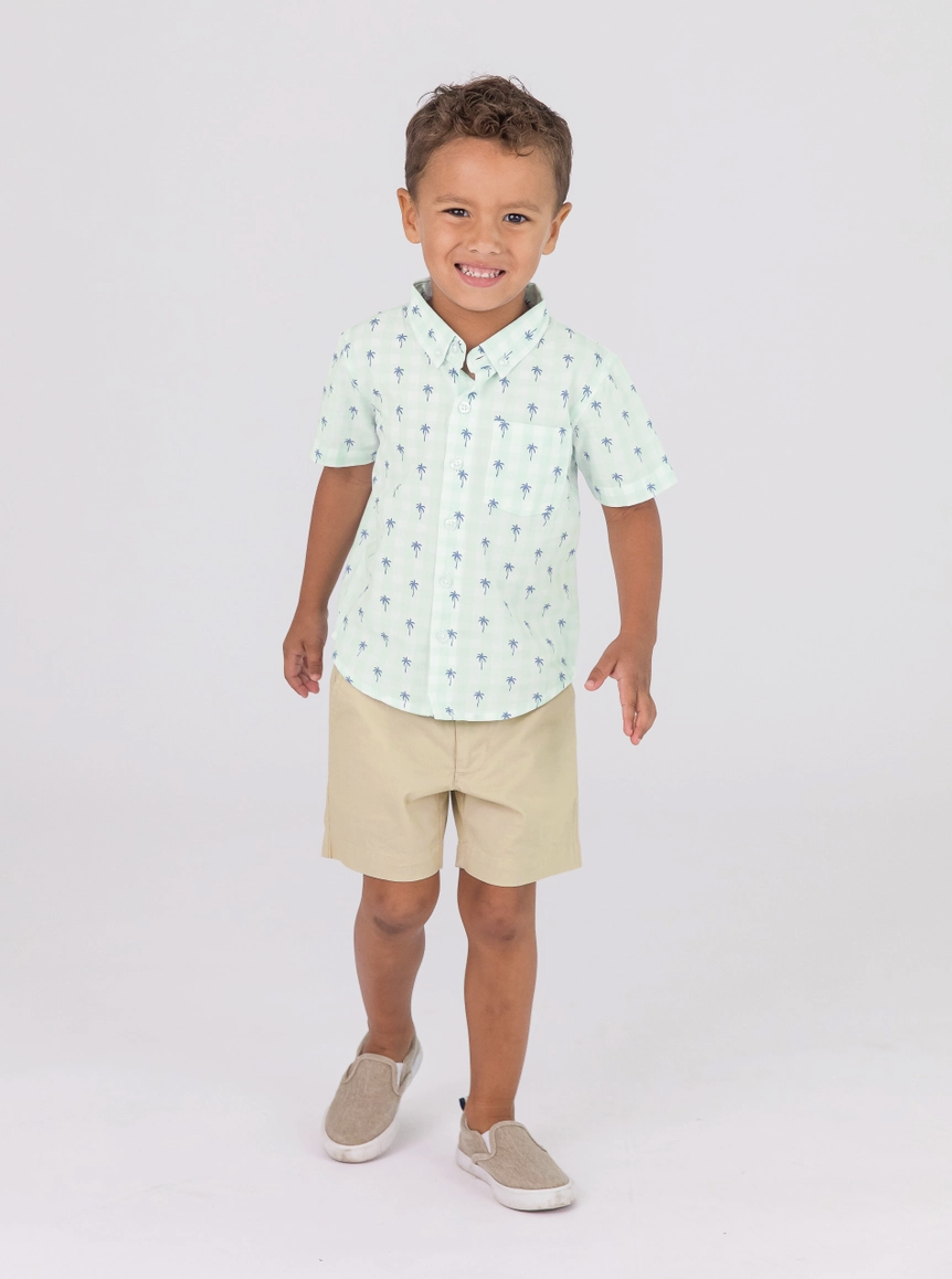 Ruggedbutts Palm Tree Gingham Short Sleeve Button Down Shirt
