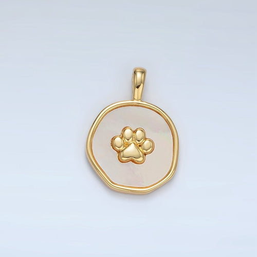 24K Gold Filled Pet Paw Print Shell Pearl Stamped Round Pendan