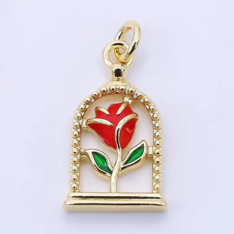 24K Gold Filled 16mm Red Enamel Rose Flower Charm