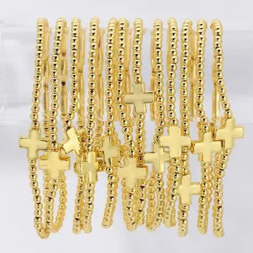 3mm Beaded Stretch Bracelet with Single Gold Cross