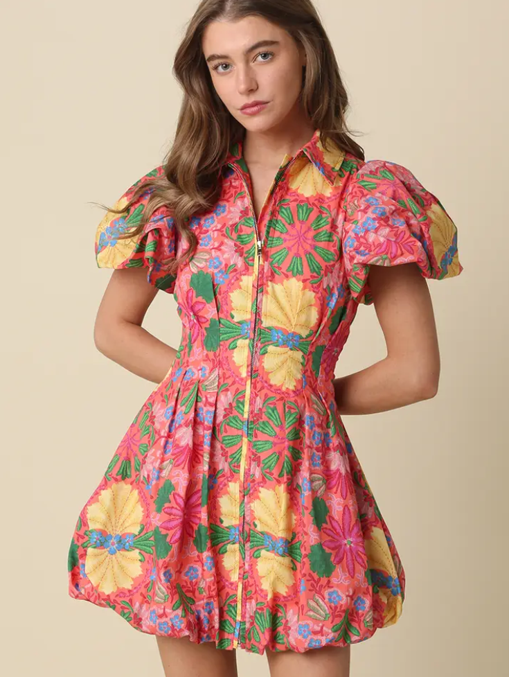 Olivaceous - Gina Floral Puff Sleeve Mini Dress
