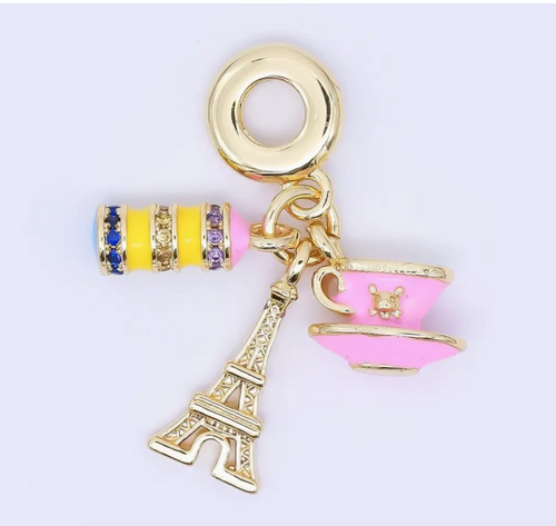 24K Gold Filled French Paris Eiffel Tower Macaroon Coffee Drop Rondelle Charm