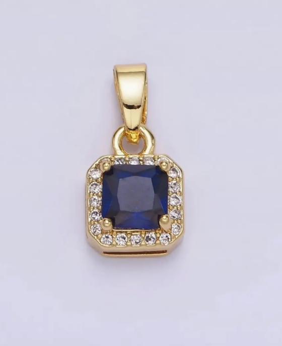 14K Gold Filled Cz Micro Paved Edged Square Pendant in Gold & Navy