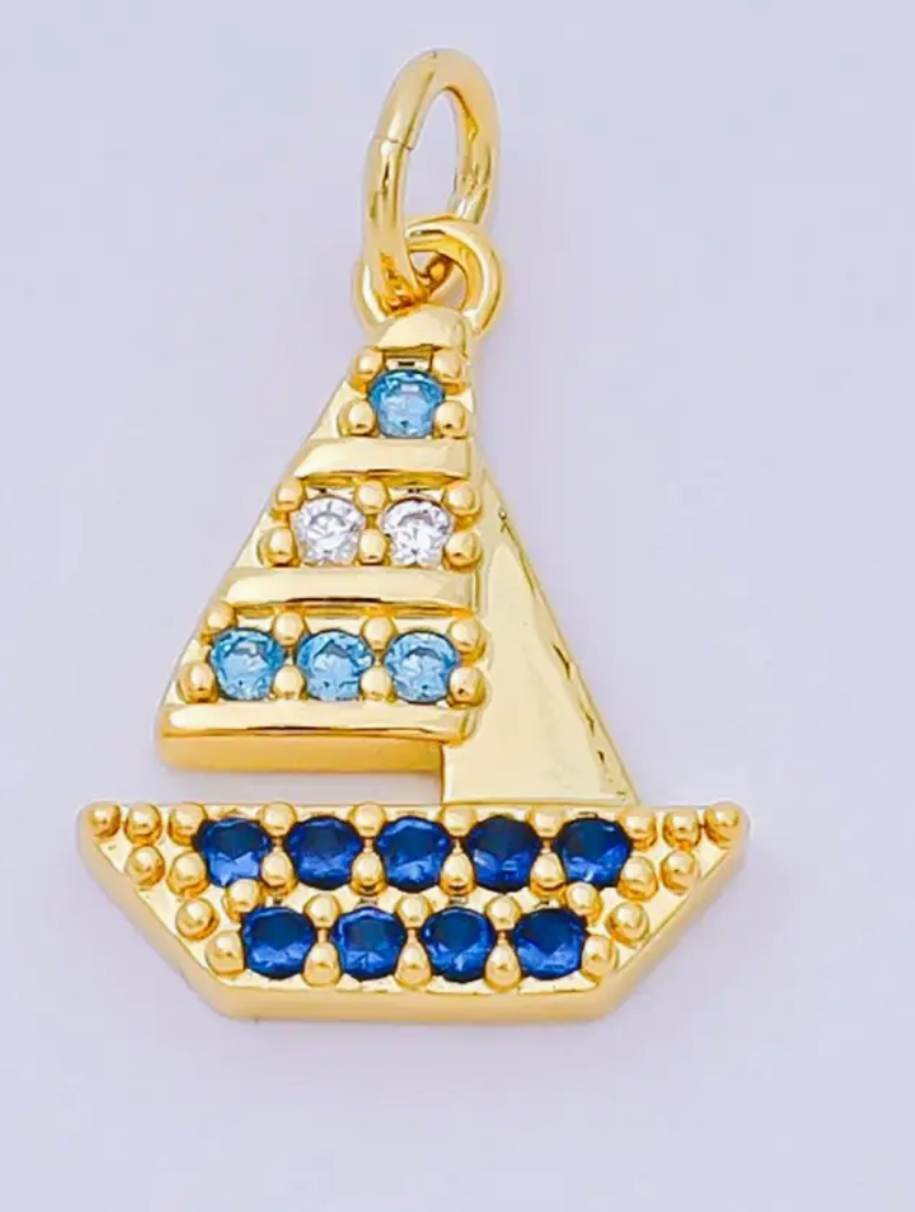 24K Gold Filled 16mm Gradient Blue Micro Paved Cz Sailing Ship Charm