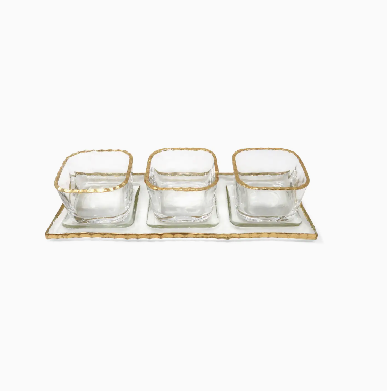 Vivience 3 Bowl Relish Dish On Tray with Gold Rim
