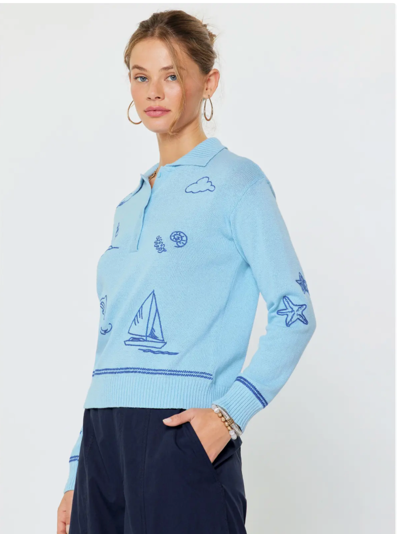 Current Air Nautical Embroidered Long-Sleeve Polo Sweater