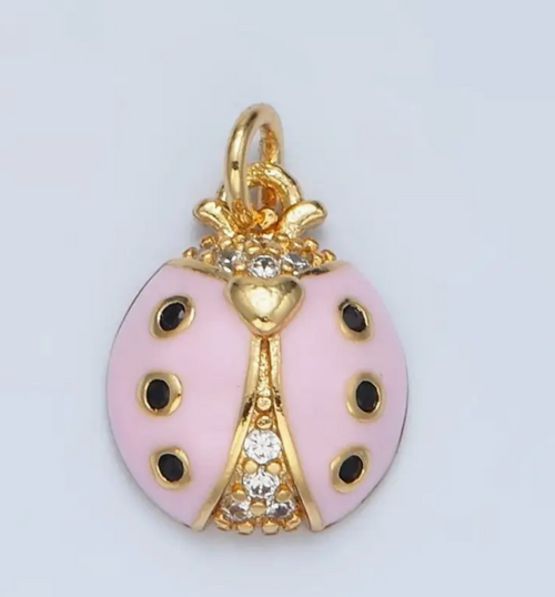 24K Gold Filled Red and Pink Enamel Cz Micro Paved Ladybug Insect Animal Charm