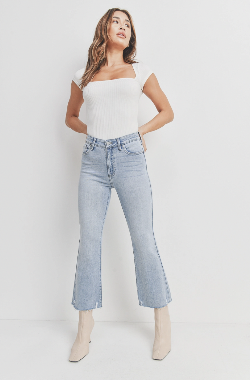 Just Black Denim High Rise Crop Flare w/ Distressed Hem Jean