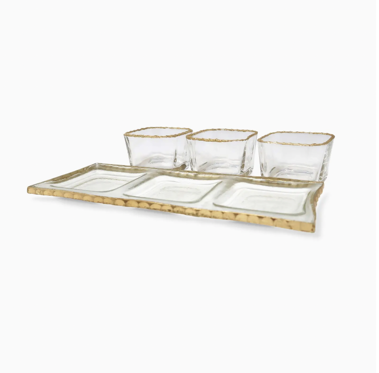 Vivience 3 Bowl Relish Dish On Tray with Gold Rim