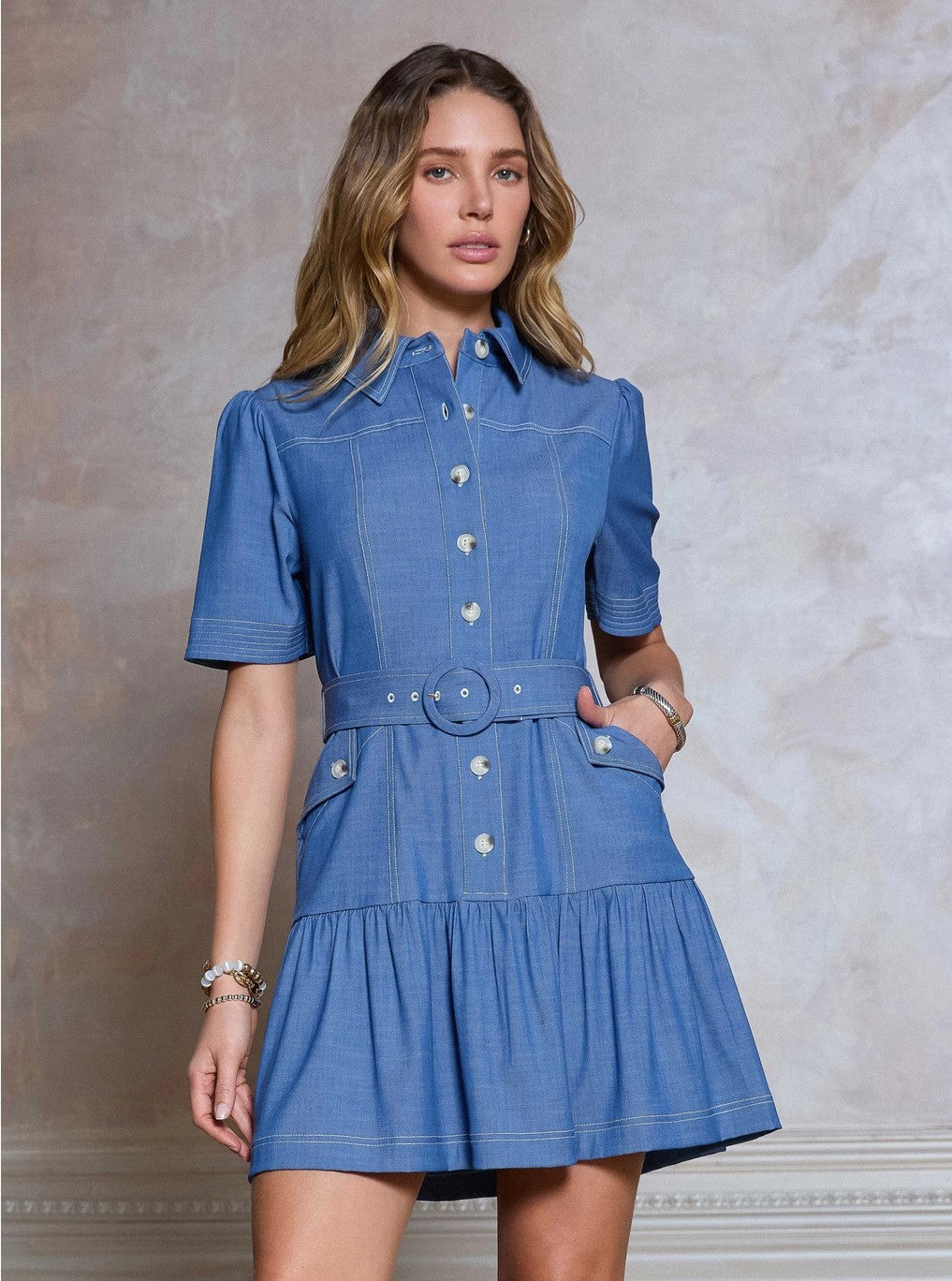 Current Air Shirt Mini Dress w/ O-Ring Buckle Belt
