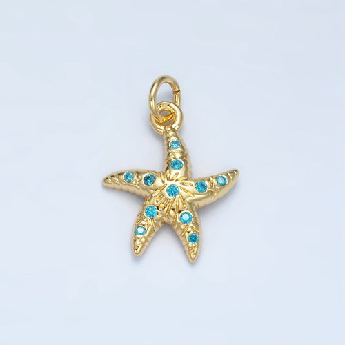 24K Gold Filled Blue Cz Micro Paved Textured Starfish Charm