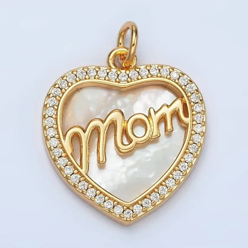 24K Gold Filled "Mom" Script Shell Pearl Micro Paved Cz Heart Charm