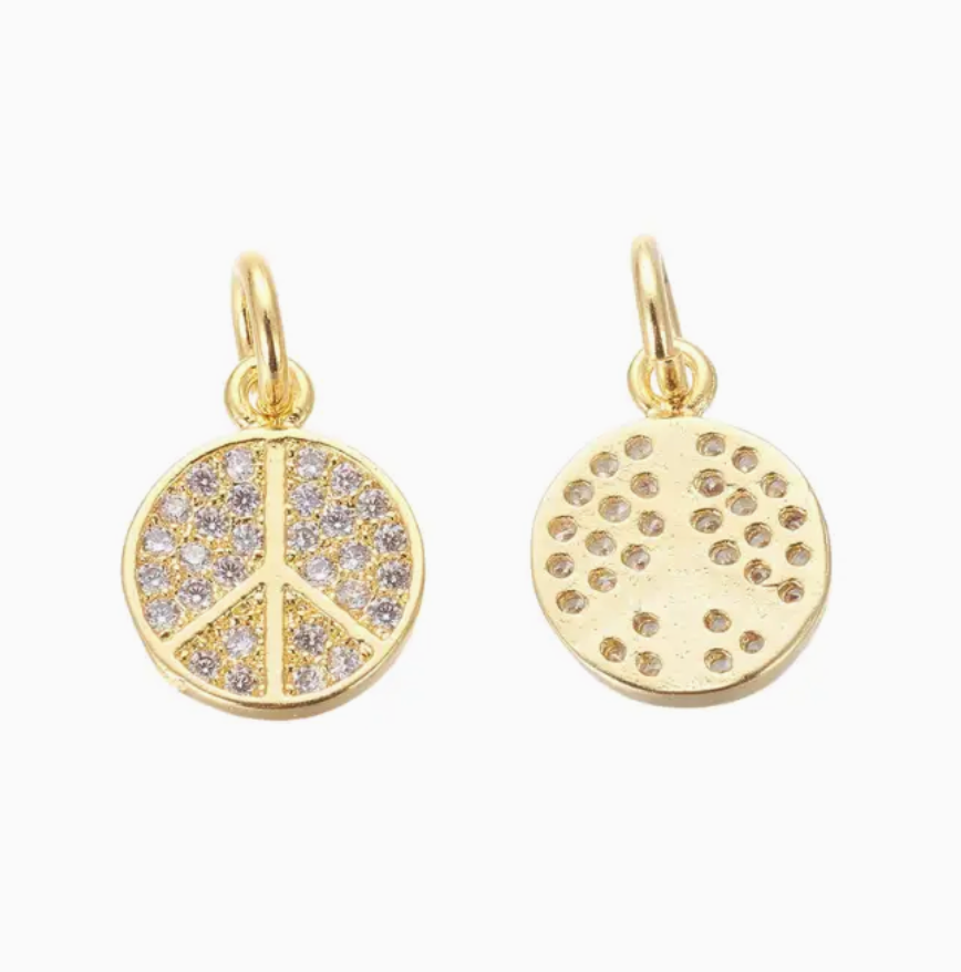 Gold Peace Sign with Cubic Zirconia Charm