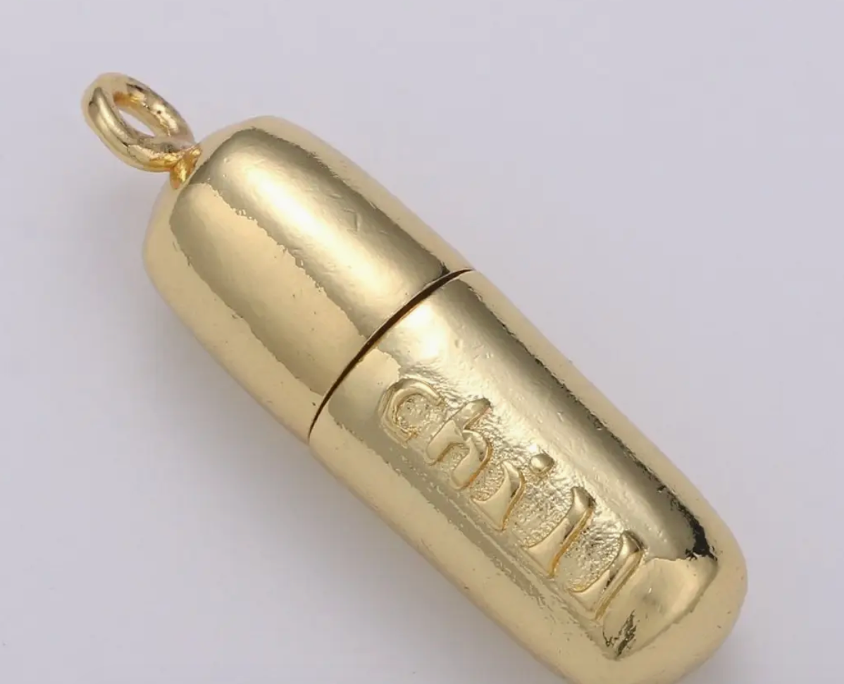 Gold Pill Charm Necklace, Dainty Word Charm Love Pill Bar Pendant, Chill Pill Charm