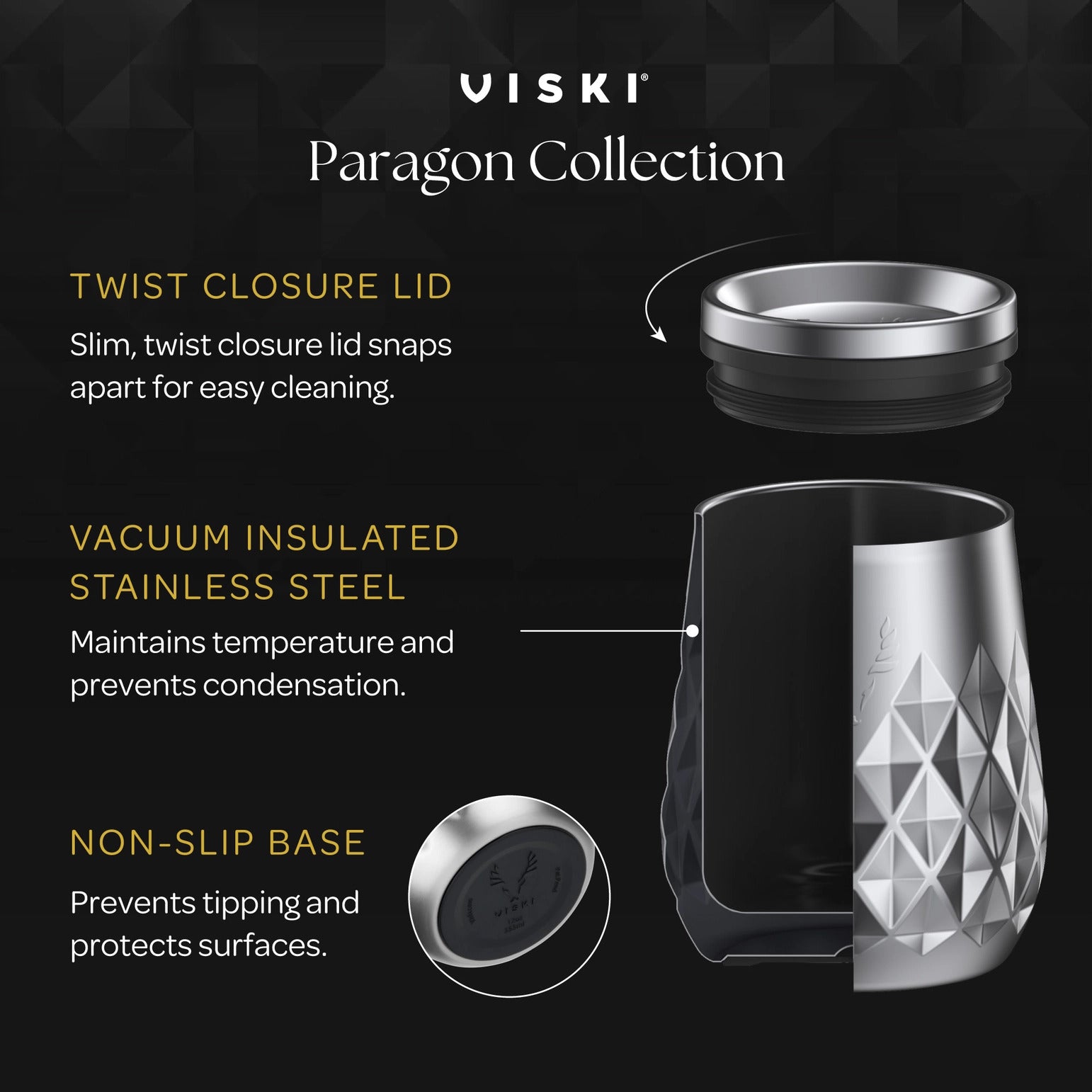 Viski Paragon Insulated Stainless Steel Wine Tumbler w/ Lid - Gold