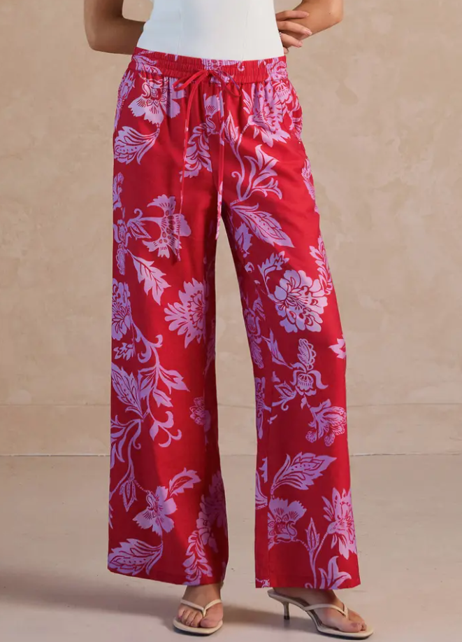 Current Air - Floral Print Wide Leg Pant Red