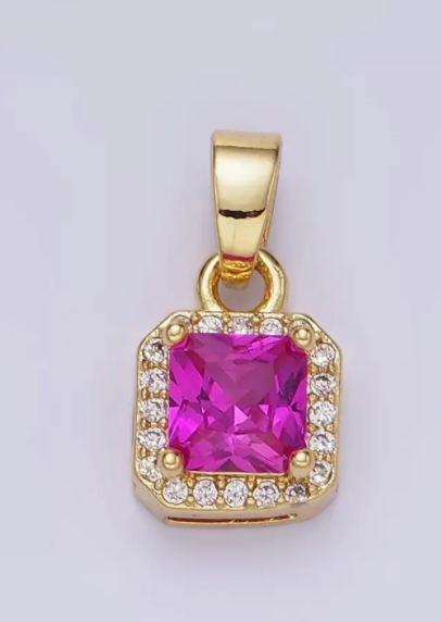 14K Gold Filled Cz Micro Paved Edged Square Pendant in Gold & Magenta