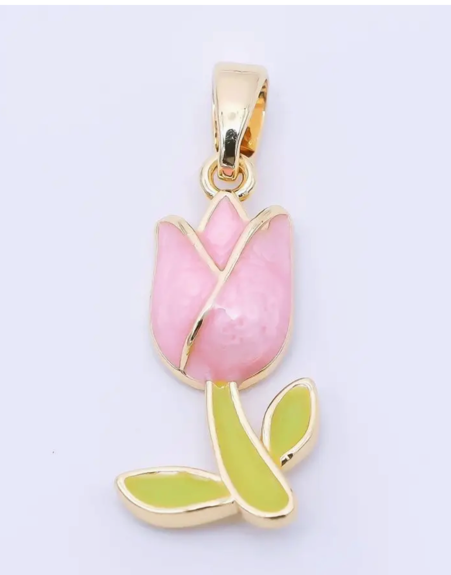 24K Gold Filled 19mm Pastel Enamel Romantic Pink Tulip Flower Pendant Netherland Inspired