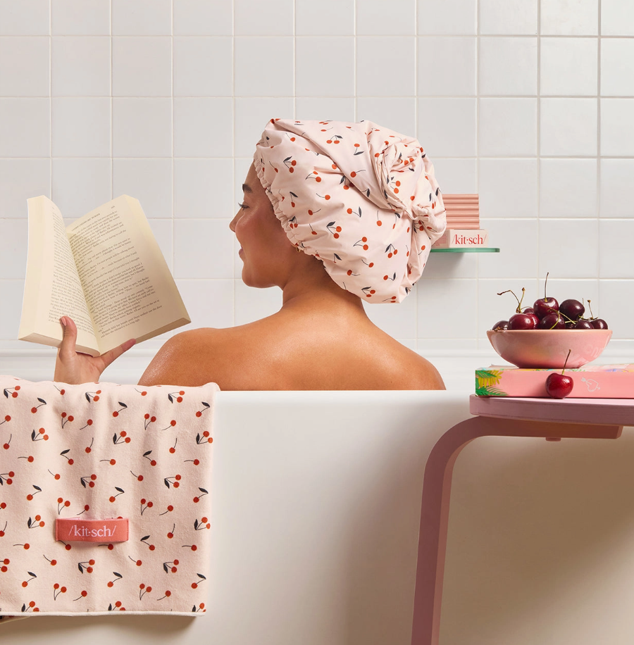 Kitsch - Satin-Lined Flexi Shower Cap - Cherry Print