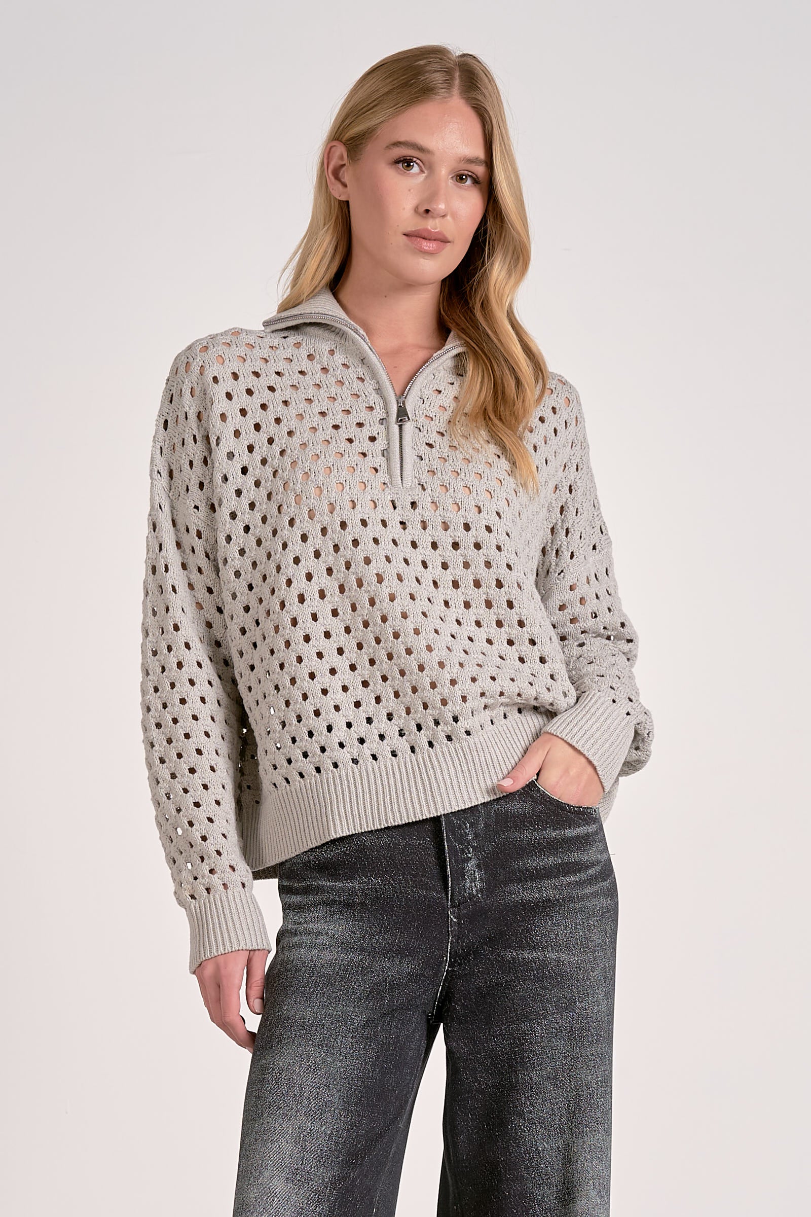 Elan Zip Collared Knit Sweater
