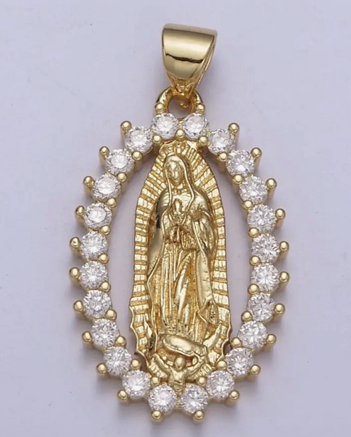 14k Gold Filled Virgin Mary Pendant Cz Lady Guadalupe Charm Necklace, Religious Catholic Jewelry Charm