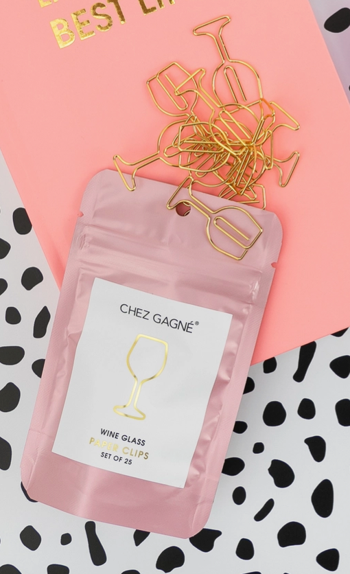 Chez Gagne Wine Glass - Unique Gold Plated Paper Clips - Pack of 25