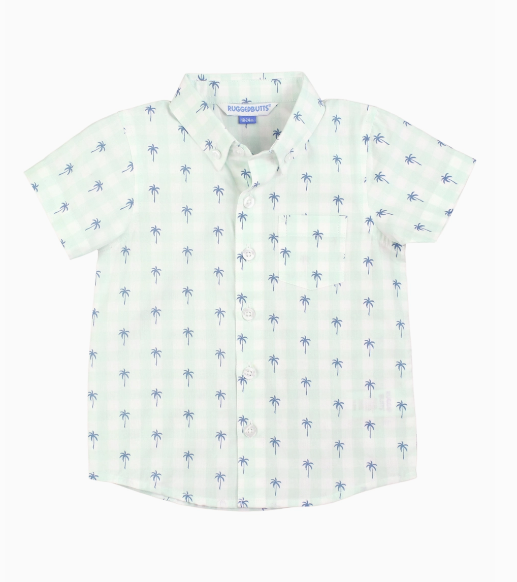 Ruggedbutts Palm Tree Gingham Short Sleeve Button Down Shirt
