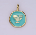 Teal Menorah Candle Enamel Stamped Hannukah Round Pendant