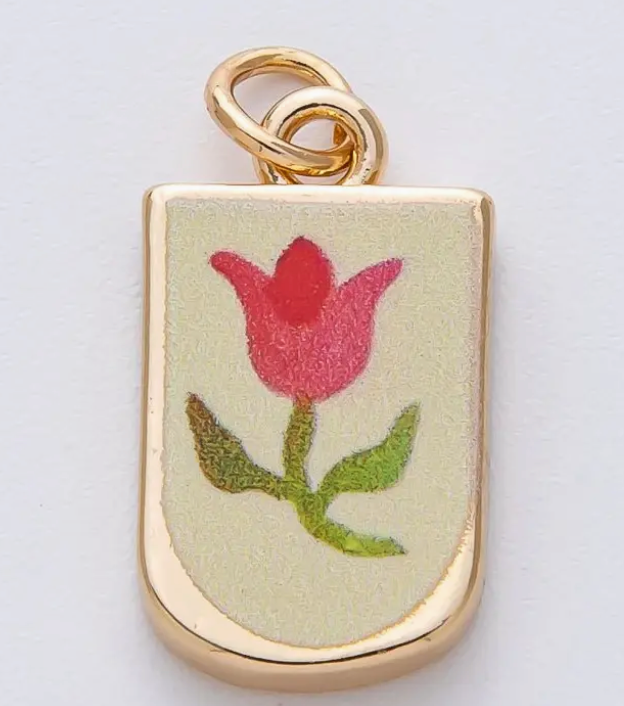 18K Gold Filled 19mm Red Tulip Flower Yellow Enamel Charm