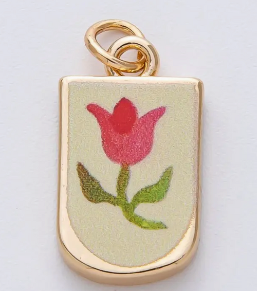 18K Gold Filled 19mm Red Tulip Flower Yellow Enamel Charm