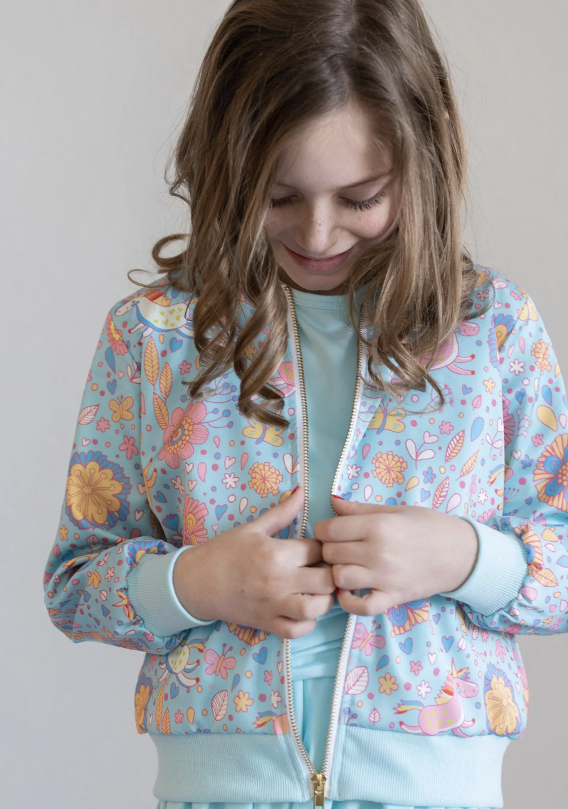 Mila & Rose Blue Retro Unicorns Satin Jacket