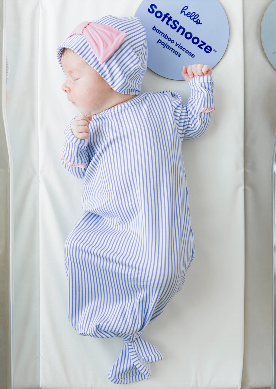 Rufflebutts Girls Periwinkle Blue Stripe Knotted Ruffle Gown & Hat Set