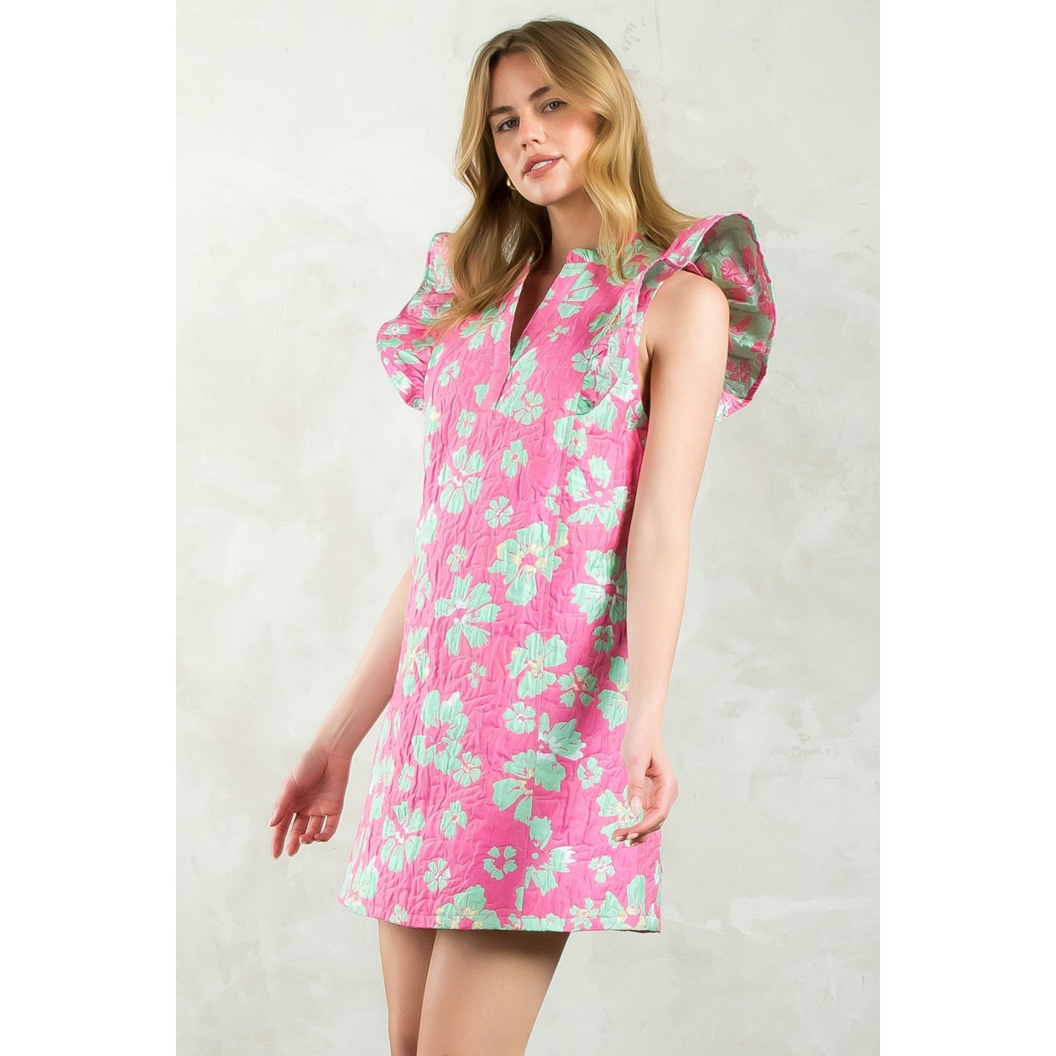 THML Flutter Sleeve Textured Floral Dress