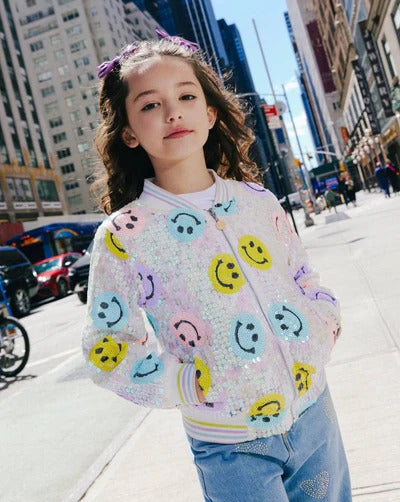 Lola & the Boys Rainbow Sequin Smiley Bomber