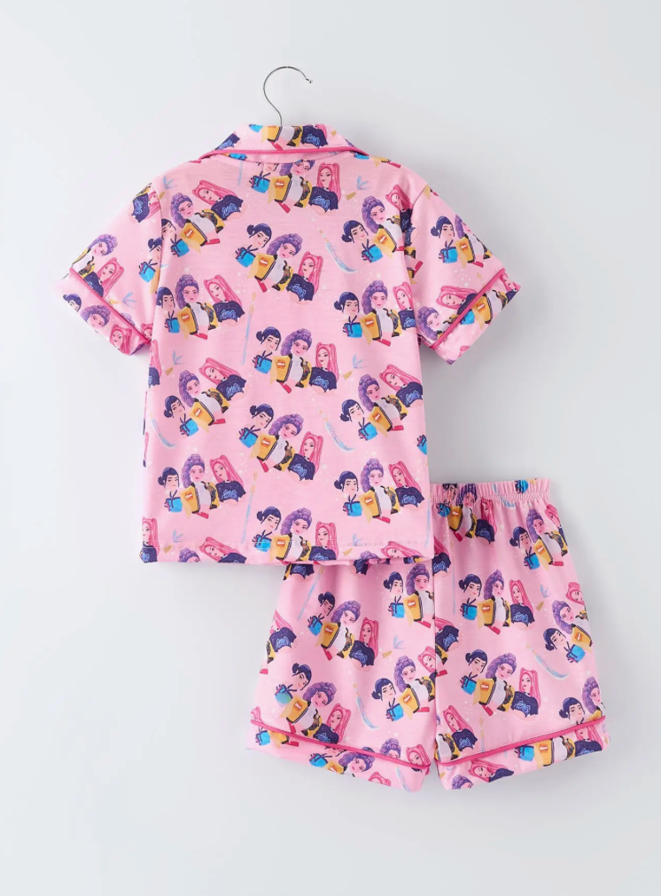 KPop Demon Hunters Pink Star Print Short Sleeve Girl Pajama Set