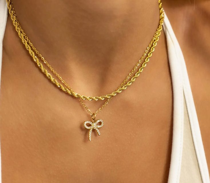 18K Gold Stainless Steel Rhinestone Bow Charm