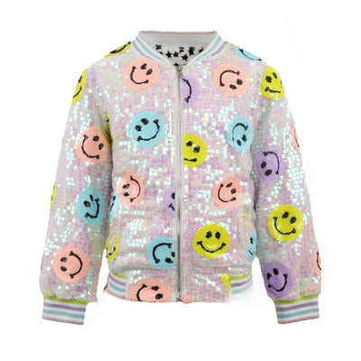 Lola & the Boys Rainbow Sequin Smiley Bomber