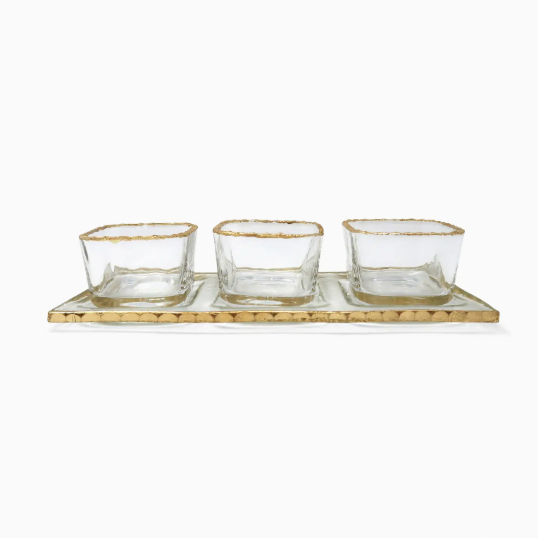 Vivience 3 Bowl Relish Dish On Tray with Gold Rim