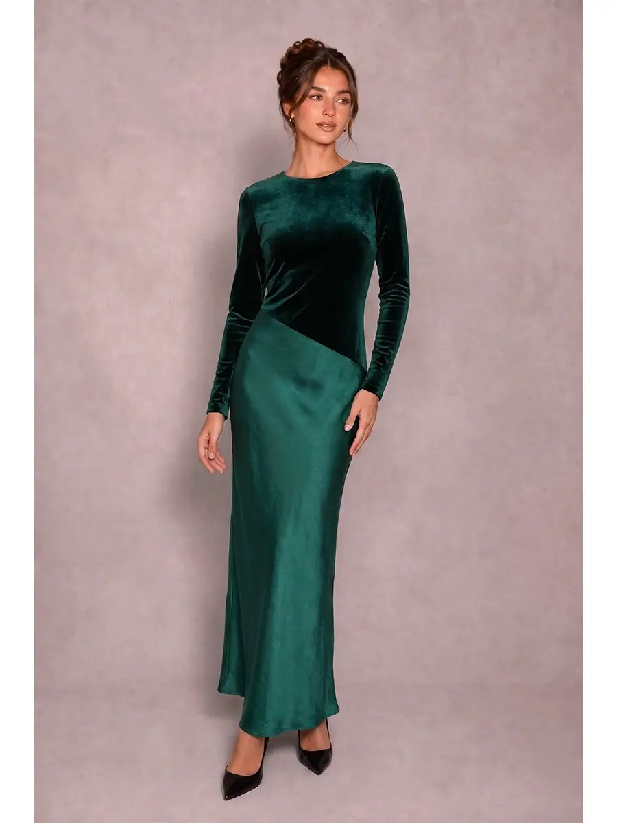 B. Right Apparel Velvet and Satin Paneled Maxi Dress