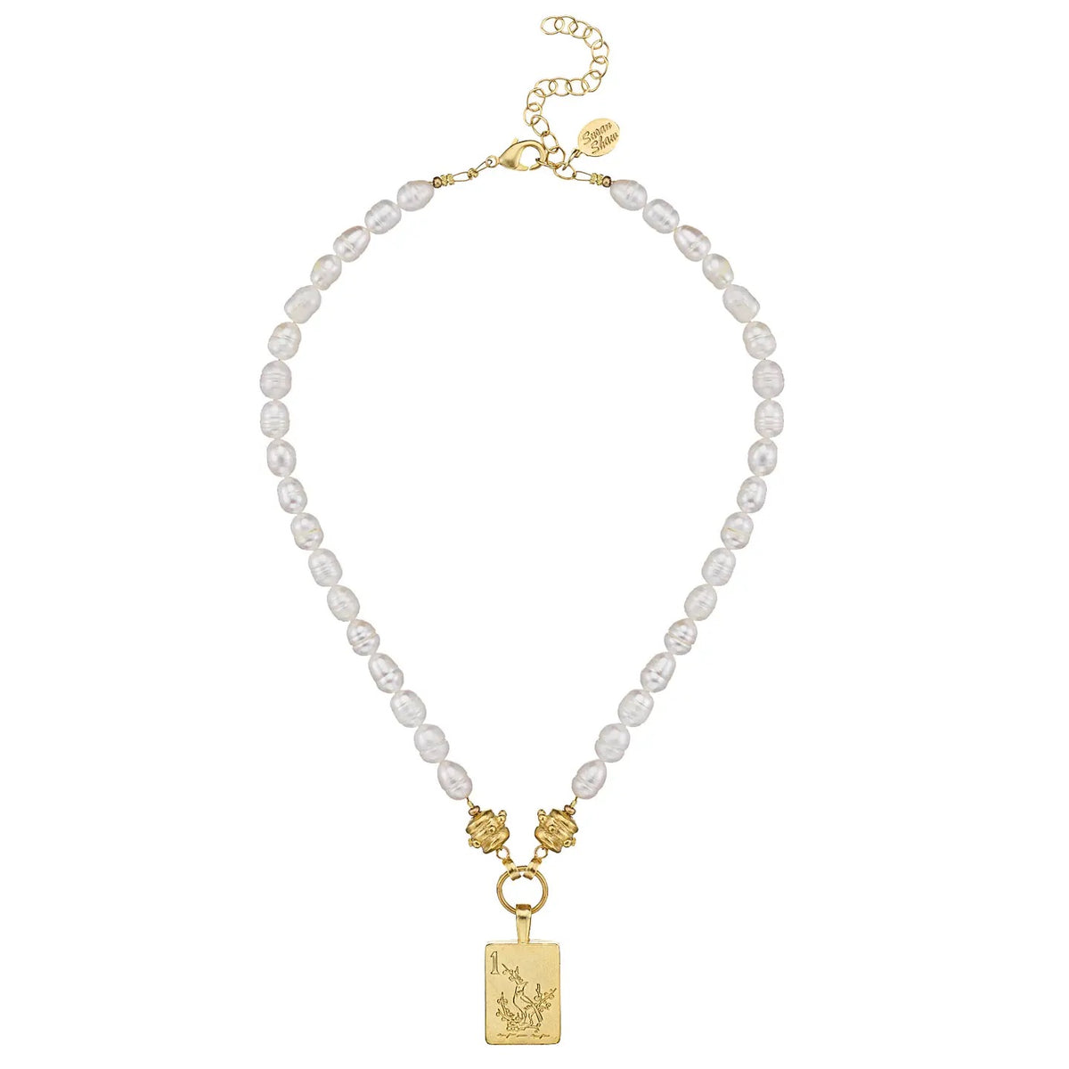 Susan Shaw 1 Bam Bird Mahjong Tile Pearl Necklace