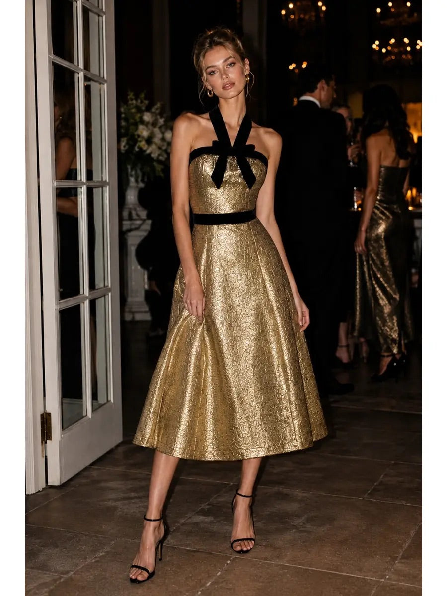 B. Right Apparel Velvet Bow Detail Gold Jacqaurd Midi Dress