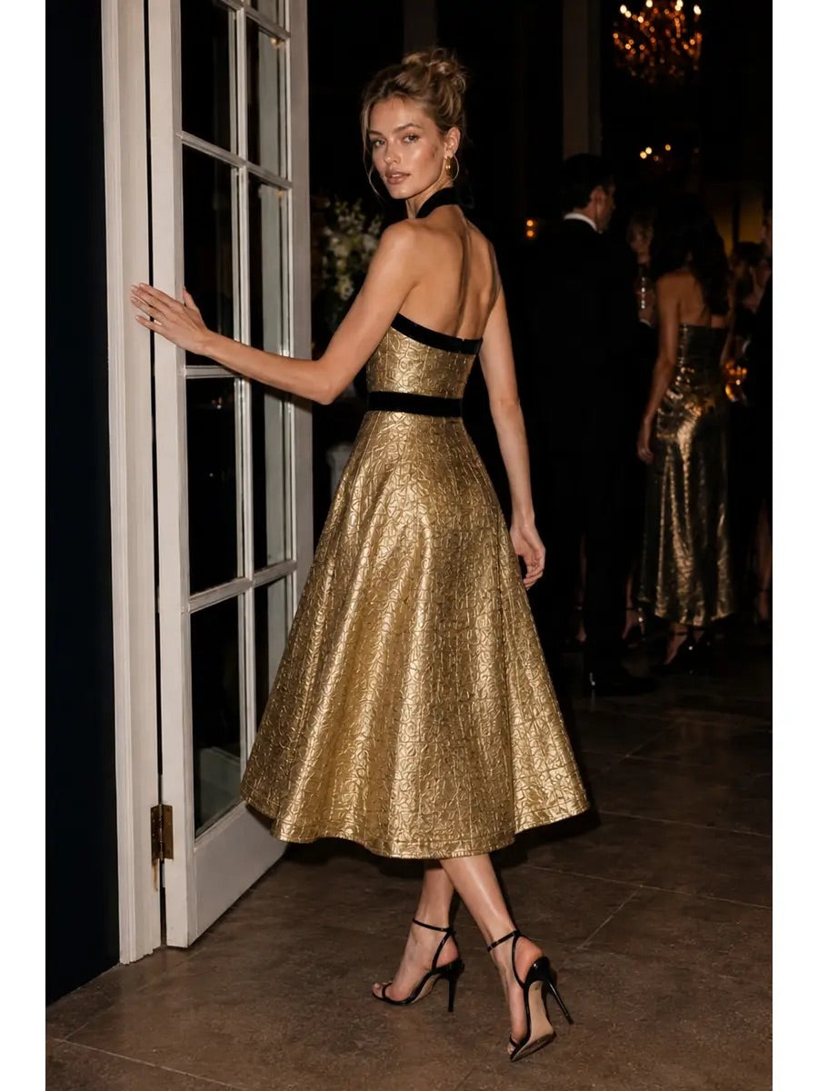 B. Right Apparel Velvet Bow Detail Gold Jacqaurd Midi Dress